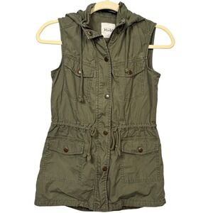 Y2K Mudd Green Hood Sleeveless Utility Vest Women XS‎ Full Zip Grunge Military